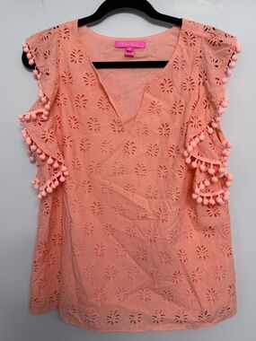 Lilly Pulitzer Coral Eyelet Pom-Pom Sleeve Top